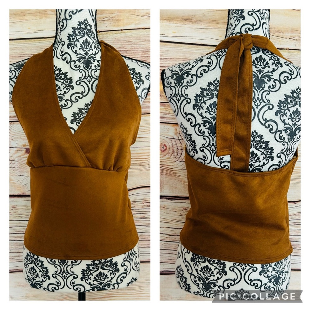 Just Polly Brown Halter Neck Open Tie Back Faux Suede Microfiber V-Neck Top NWT